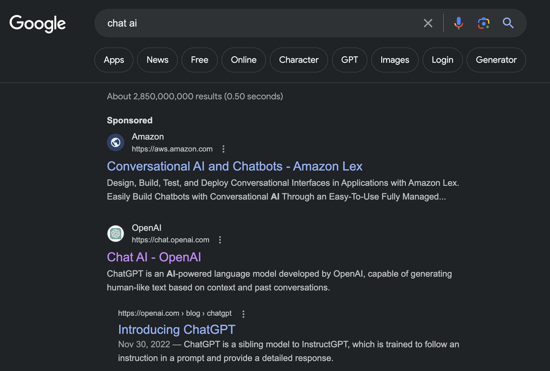 Google search result for 「chat ai」
